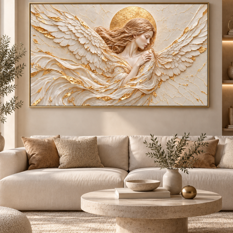Fantasy female figure with closed eyes, outstretched white wings, a circular halo-like disc, and a small butterfly in cream and gold tones