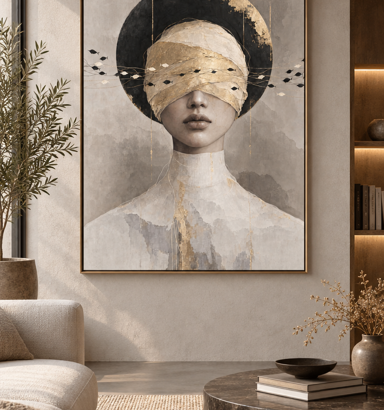 Vertical surreal portrait of a figure with covered eyes, a black disc behind the head, and small fish moving along horizontal lines