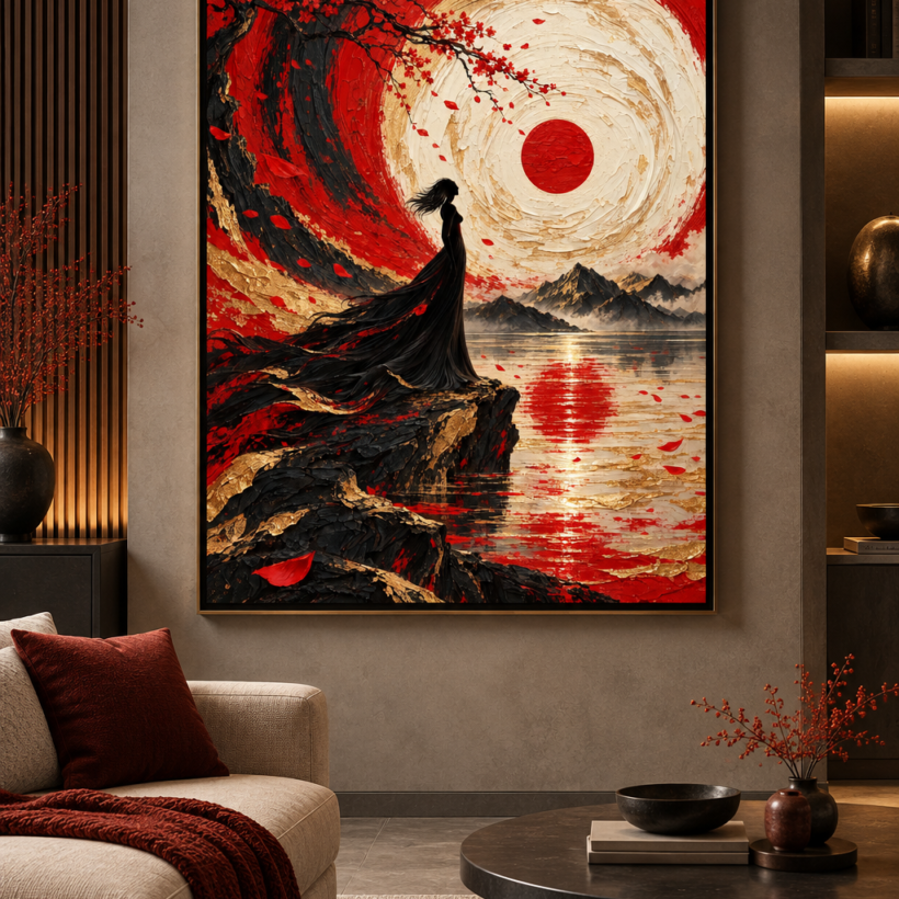 Vertical fantasy artwork of a dark figure in a flowing dress beside water, facing a red sun, mountains and red flowering branches